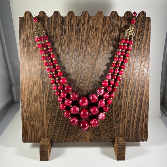 Jewelry - Vintage Triple-Strand Red Beaded Necklace With Gold-Tone Accents & Hook Clasp